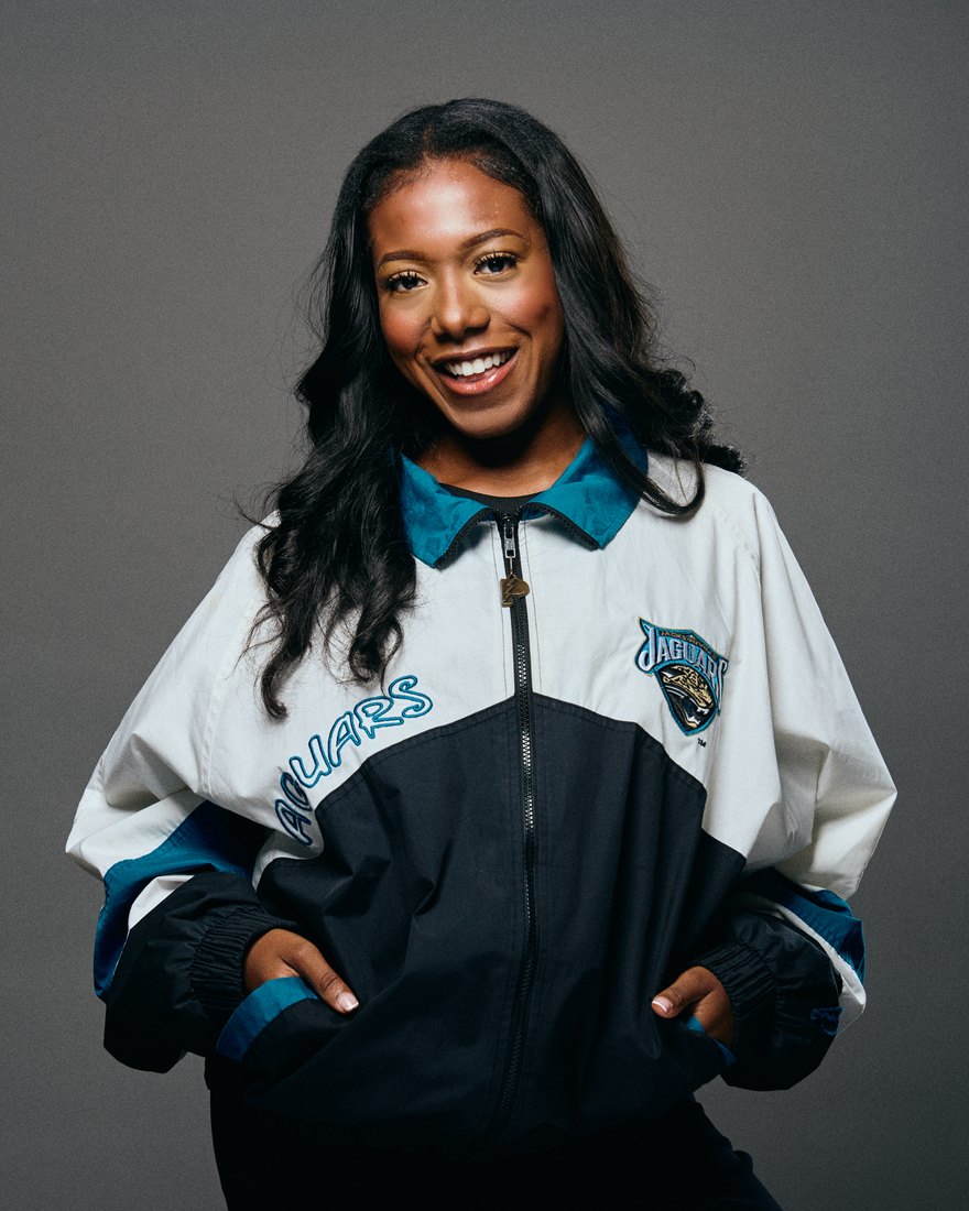 Maya Ogunjobi in a vintage Jacksonville Jaguars jacket