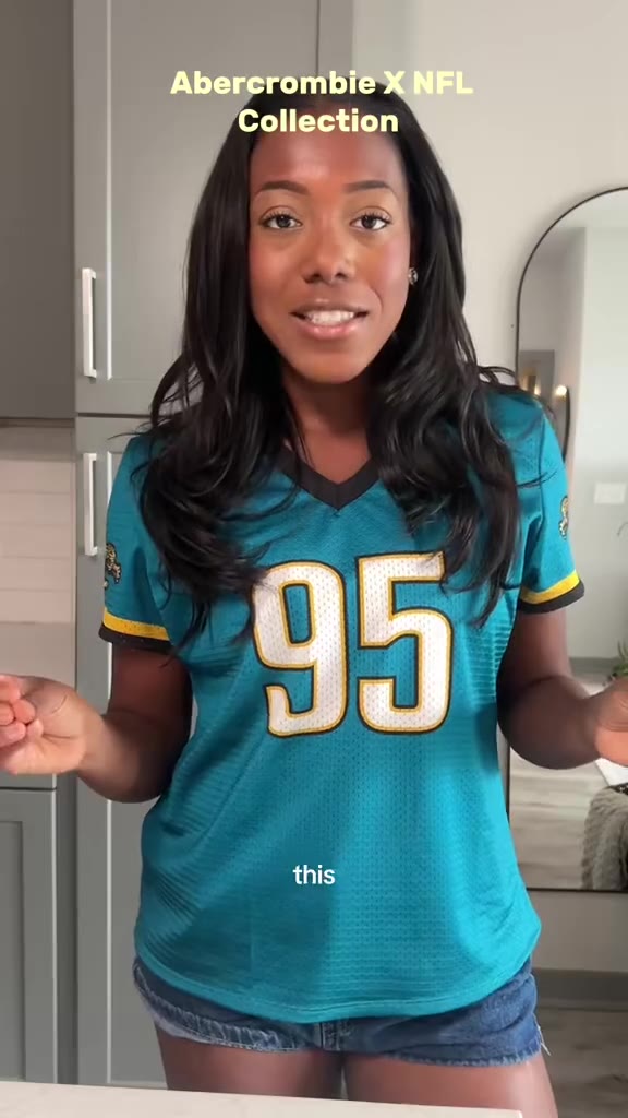Maya in a Jaguars jersey talking through the Abercrombie x NFL collection