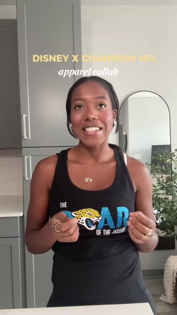 Maya in a Jaguars tank top talking through the Disney x Champion NFL apparel collab
